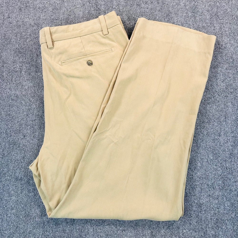 Tommy Bahama Men's 38x32 Khaki Tan Silk Bamboo Herringbone Pleated Dress Pants